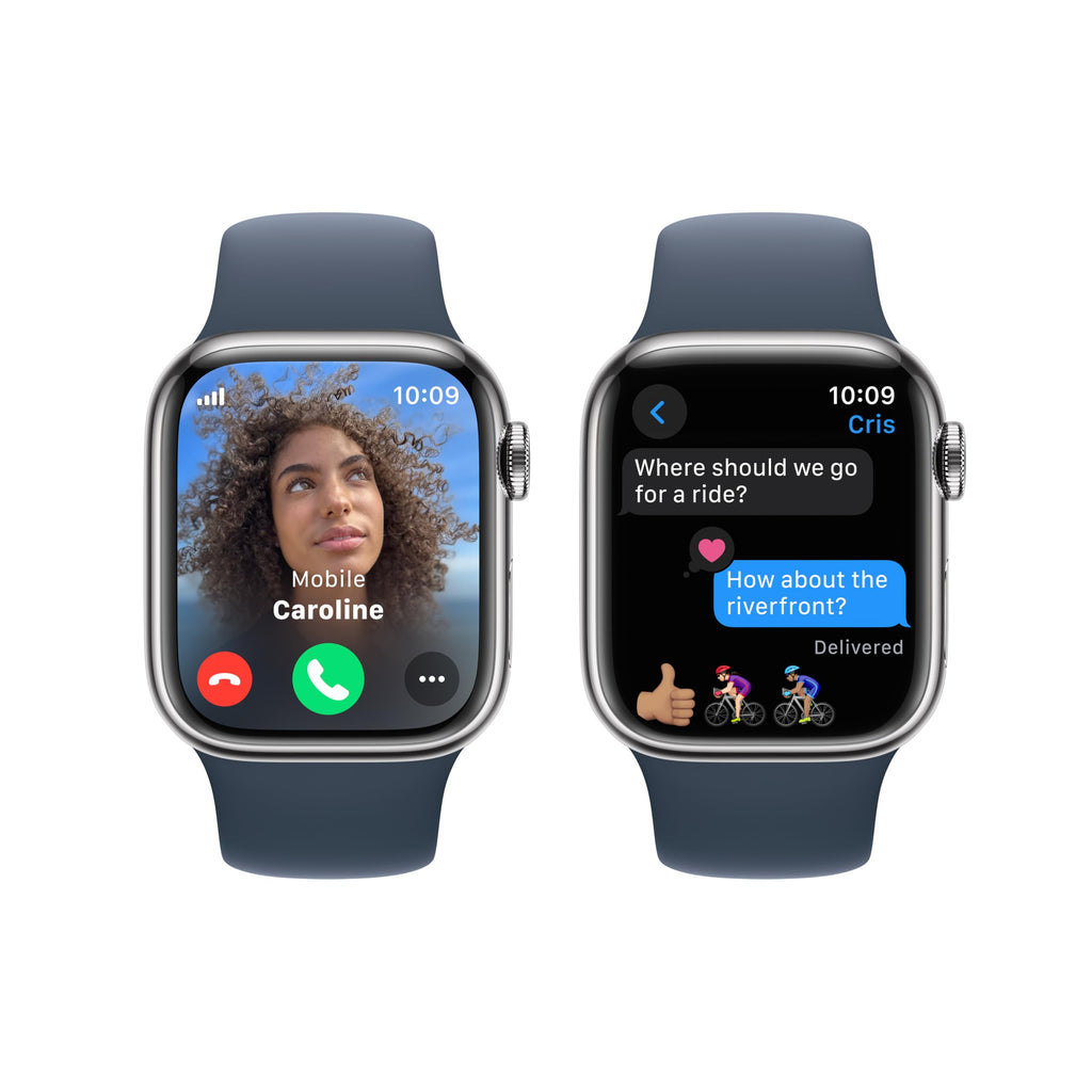 Apple Watch Series 9 (GPS + Cellular) 41mm Stainless Steel Case w/ Storm Blue Sport Band ƒ?? M/L ƒ?? Silver ƒ?? MRJ33LL/A